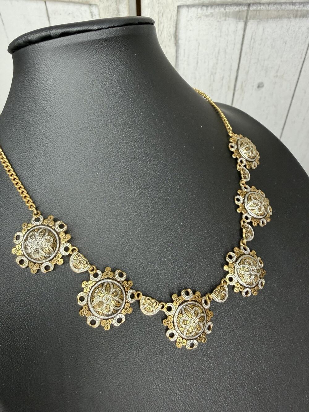 Vintage Spain Silver & Gold Floral Etched Design Necklace Medallion Glam